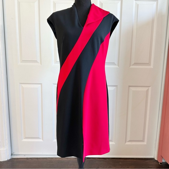 Rinascimento Dresses & Skirts - Rinascimento Red and Black Color Block Asymmetrical Collar Dress